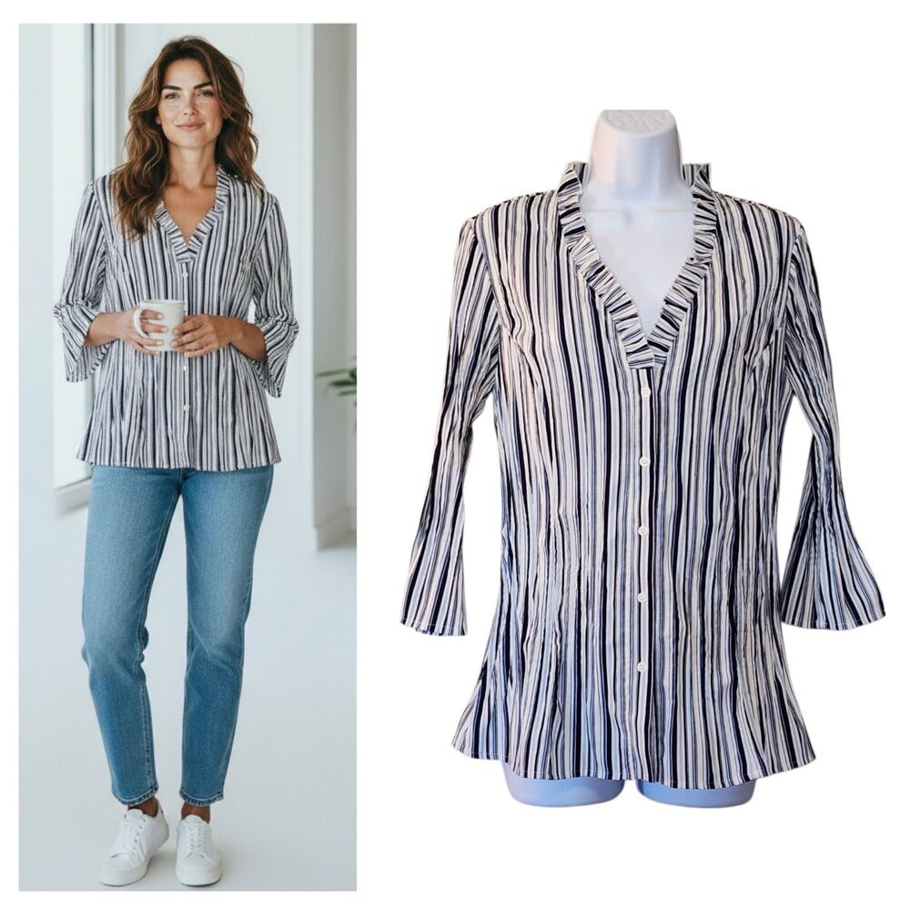 Clichy Womens Blouse Size S White Blue Striped Crinkle 3/4 Sleeve Button Down